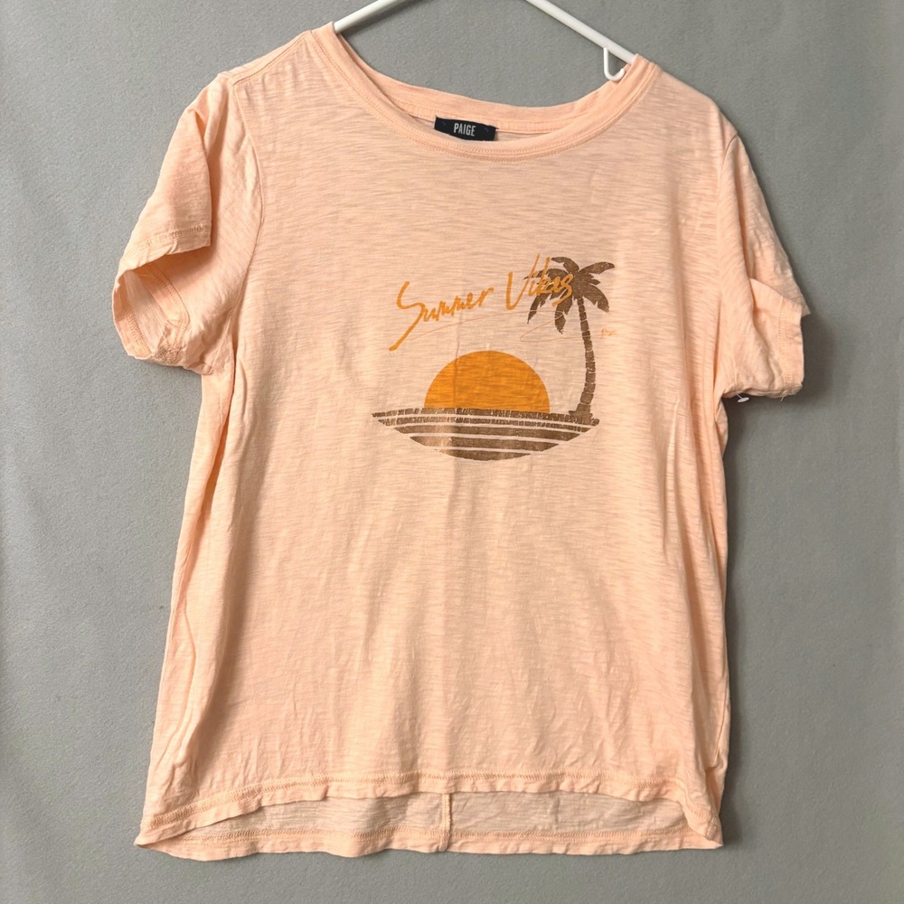 Paige Summer Vibes Graphic Tee Seashell Pink Tropical Palm Tree Made in USA Med